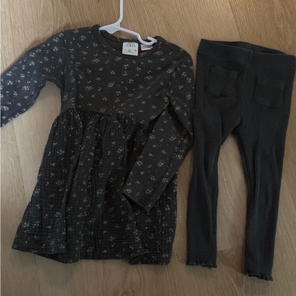 Zara 2T Black Toddler Floral Dress and Leggings Set